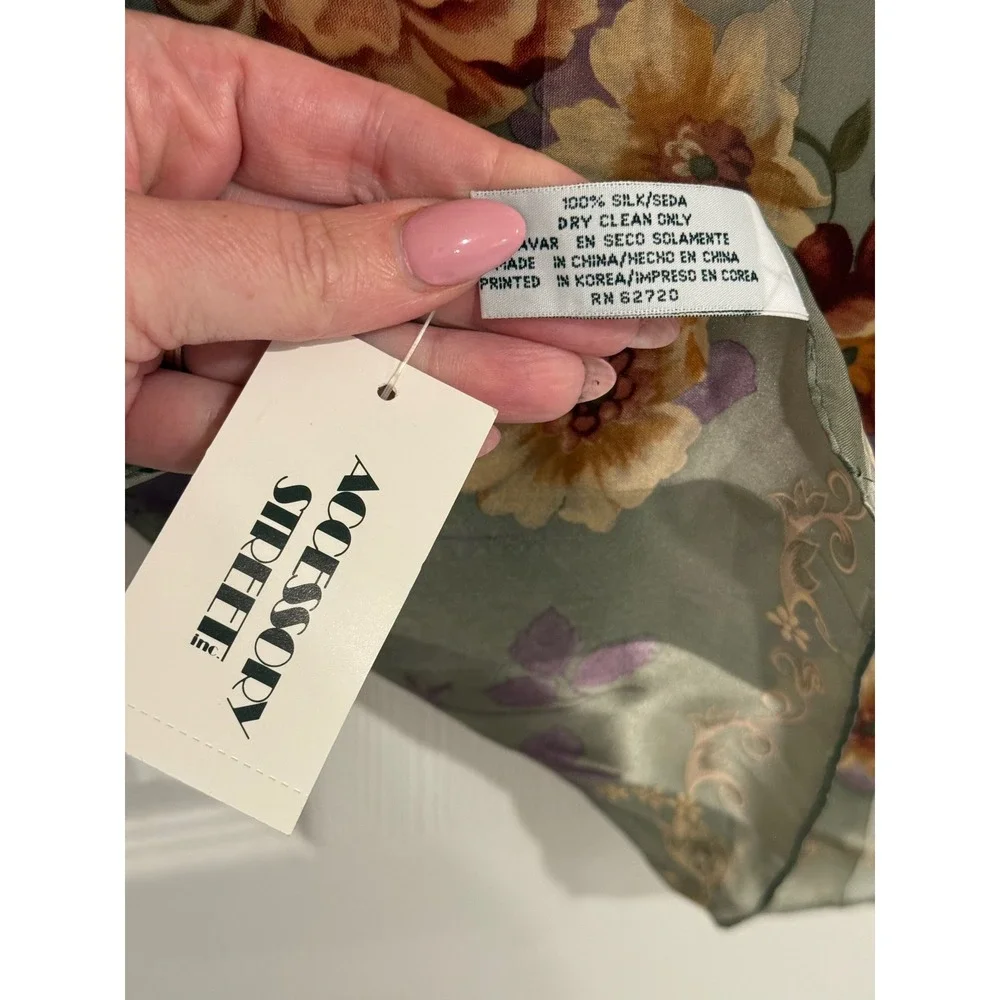 Accessory Street Silk Scarf Sage Green Floral Striped Sheer Rectangular Wrap NWT